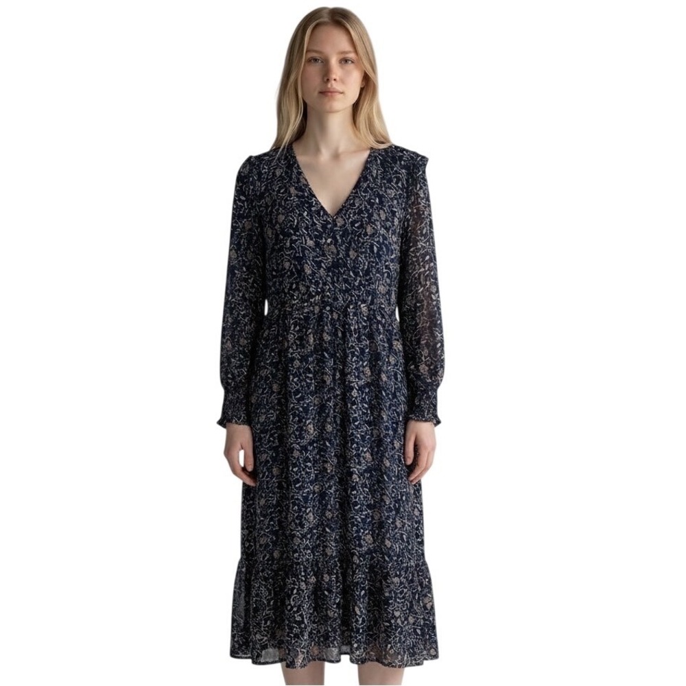 Velvet by Graham & Spencer Black Floral Cotton Midi Dress Smocked Cuffs M Prairi
